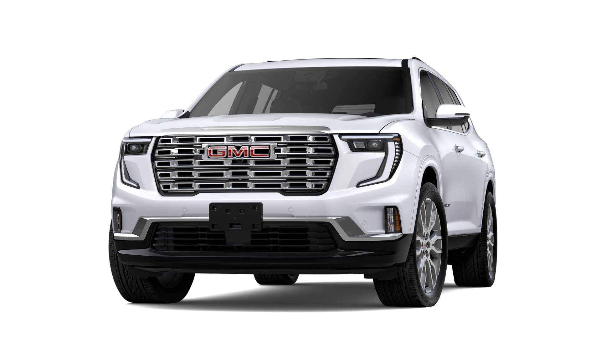 2026 GMC Acadia Denali in Glacier White Tricoat — front three-quarter view